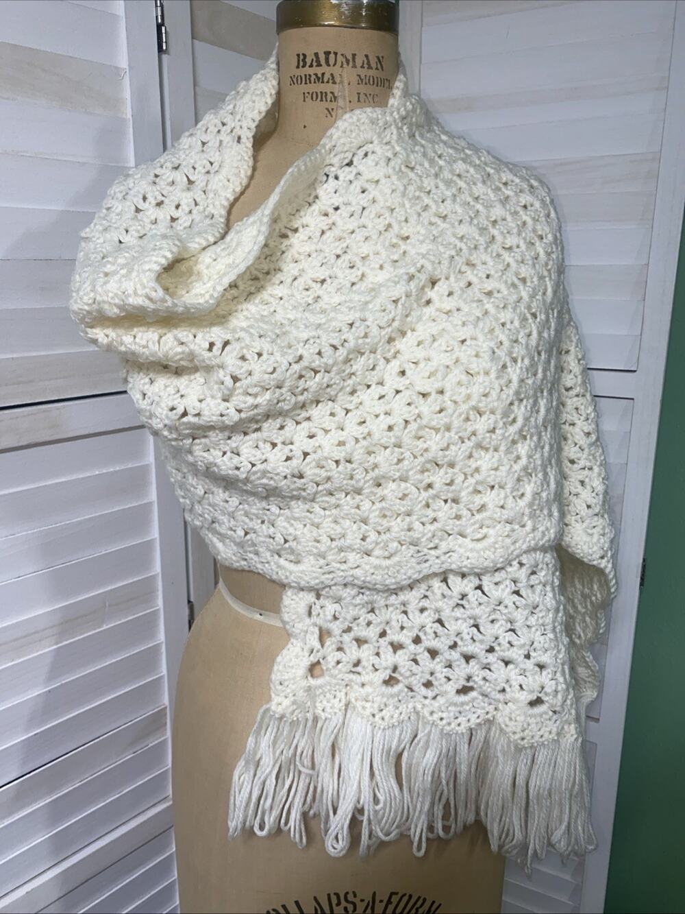 Off White Shawl Wrap Scarf HANDMADE CROCHET Fringes Rectangle